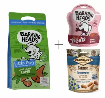Barking Heads Chop Lickin’ Lamb small breed - Корм для мини пород (ягненок с рисом) + BH снеки Говядина 100 г, Carnilove снеки Лосось с черникой, 200 г